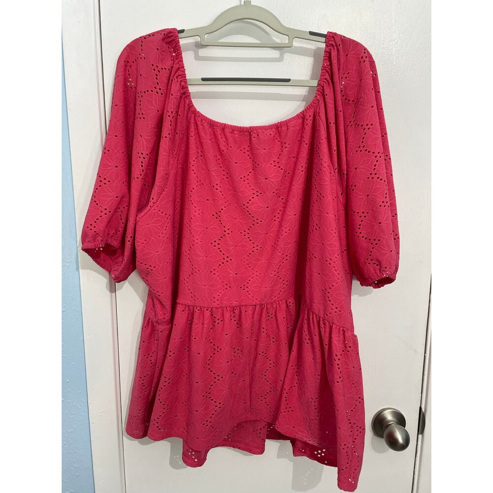 Lane Bryant Blouse 26/28 Pink Floral Embroidered Eyelet Puff Sleeve Coquette - Picture 5 of 7